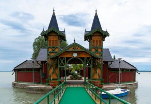 Charming pier with iconic architecture on Lake Balaton in Keszthely, Hungary.